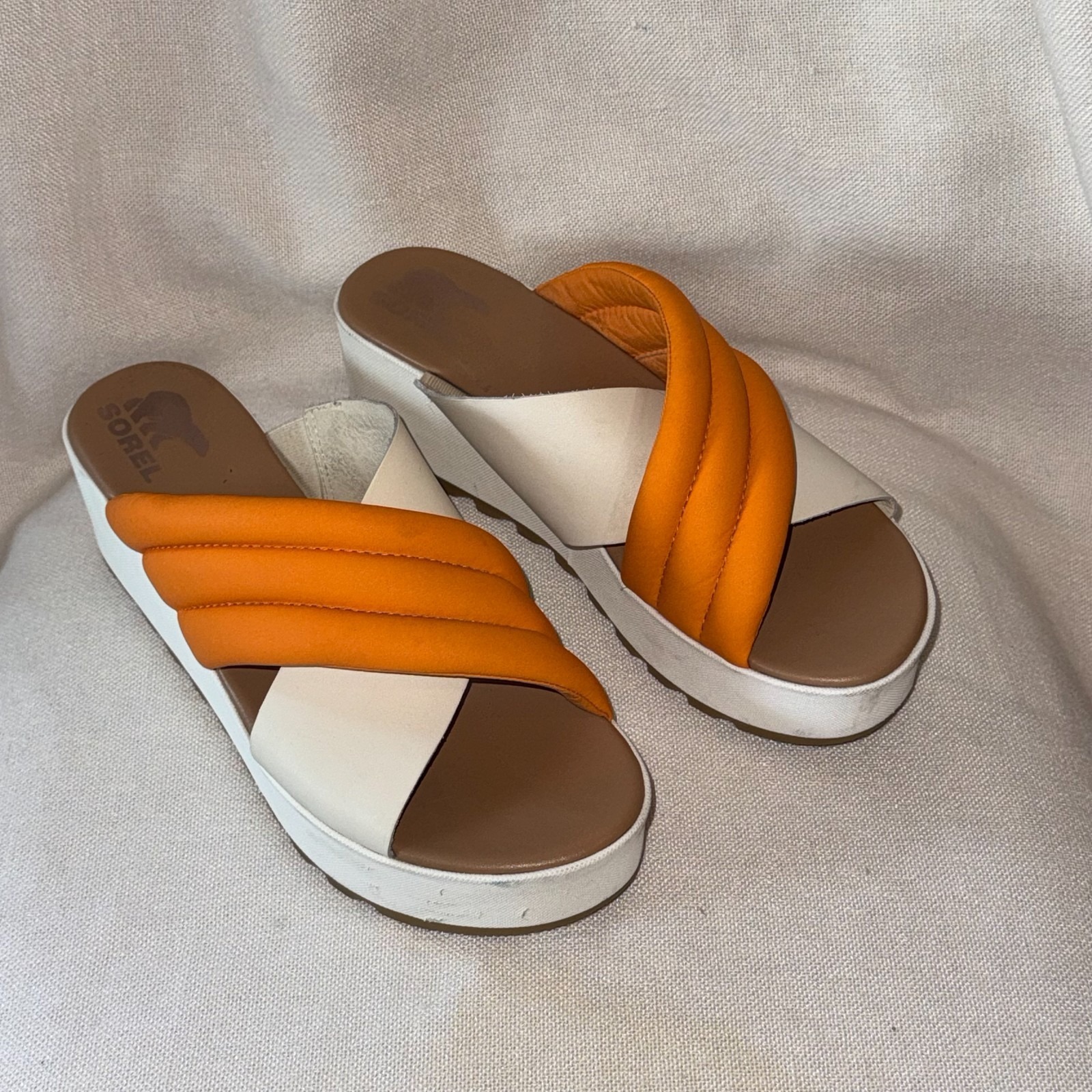 Sorel Cameron Wedge Flatform Puff Mule Sandals Slides Orange Sz 10 Beach Resort